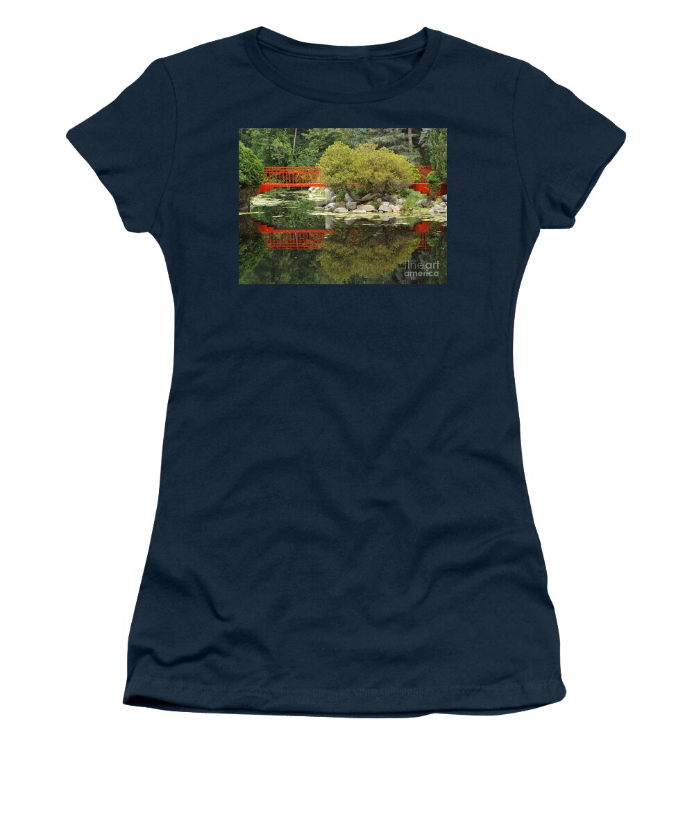 Red Women's T-Shirt featuring the photograph Red Bridge Close Reflection by Erick Schmidt