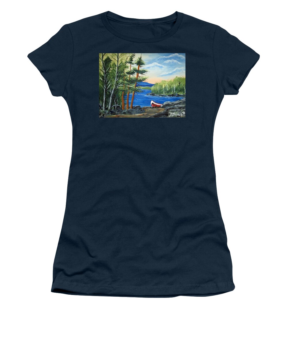 Clouds Women's T-Shirt featuring the painting Red Canoe by Brenda Brown