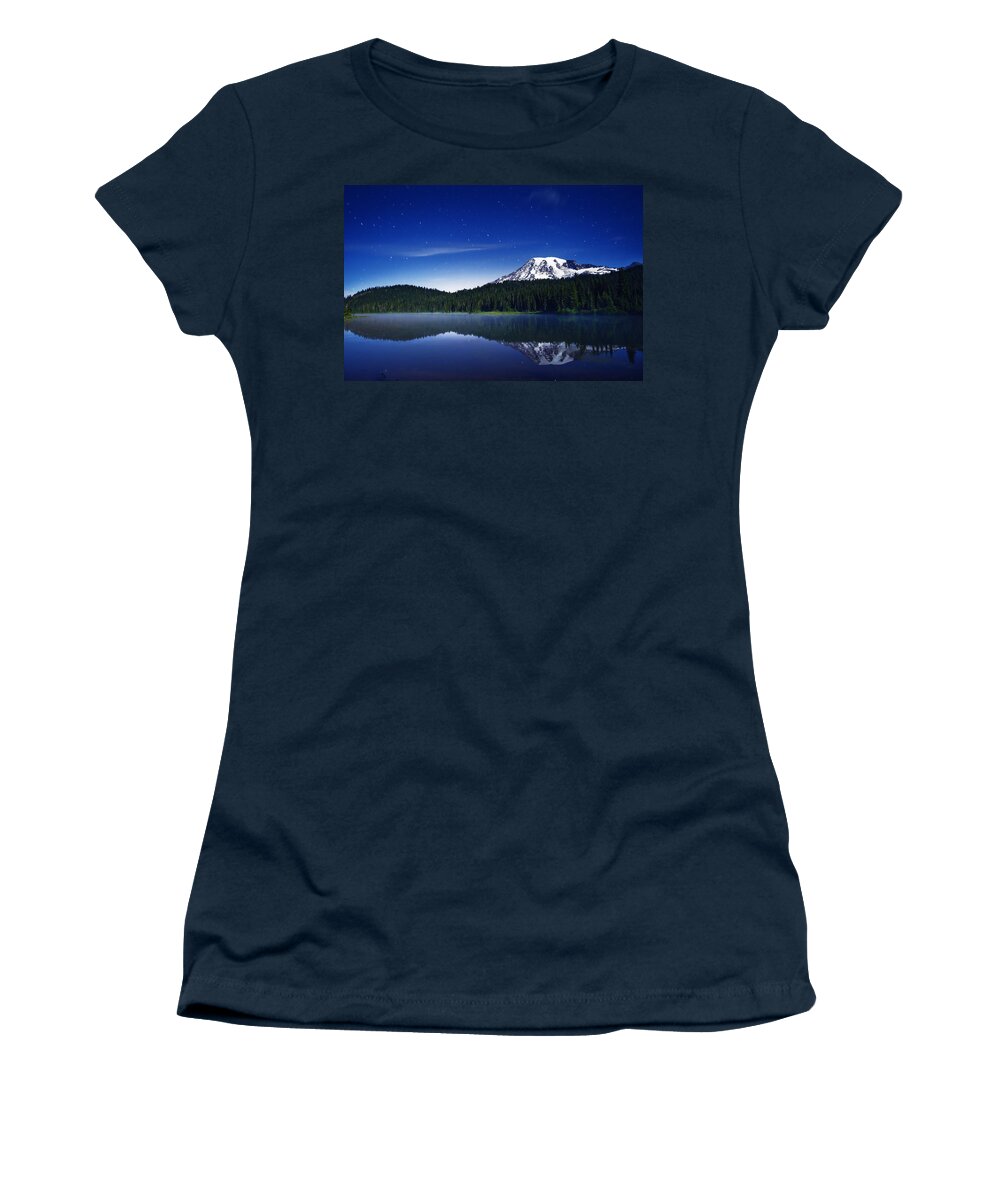 Mount Rainier Women's T-Shirt featuring the photograph Reflection Lake Stars by Darren White