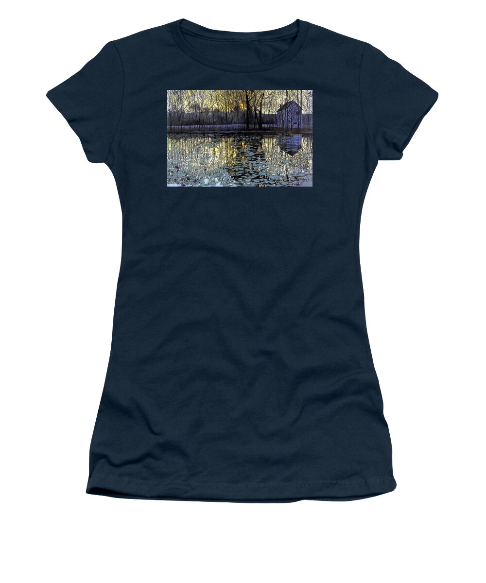 Landscape Painting Water Lilies Women's T-Shirt featuring the painting Reflections of Twilight by David Zimmerman