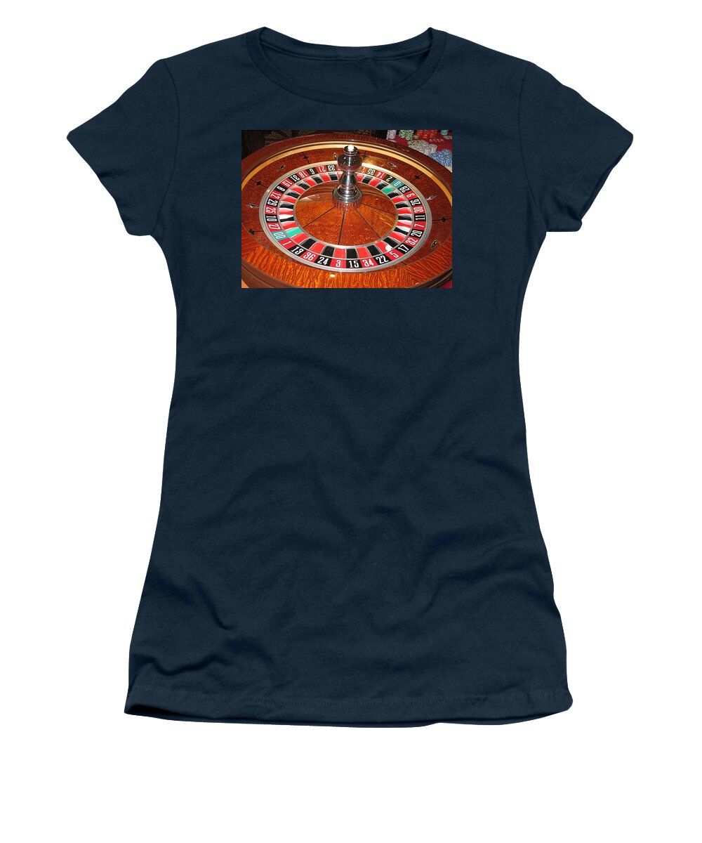 Casino Women's T-Shirt featuring the photograph Roulette wheel and chips by Tom Conway