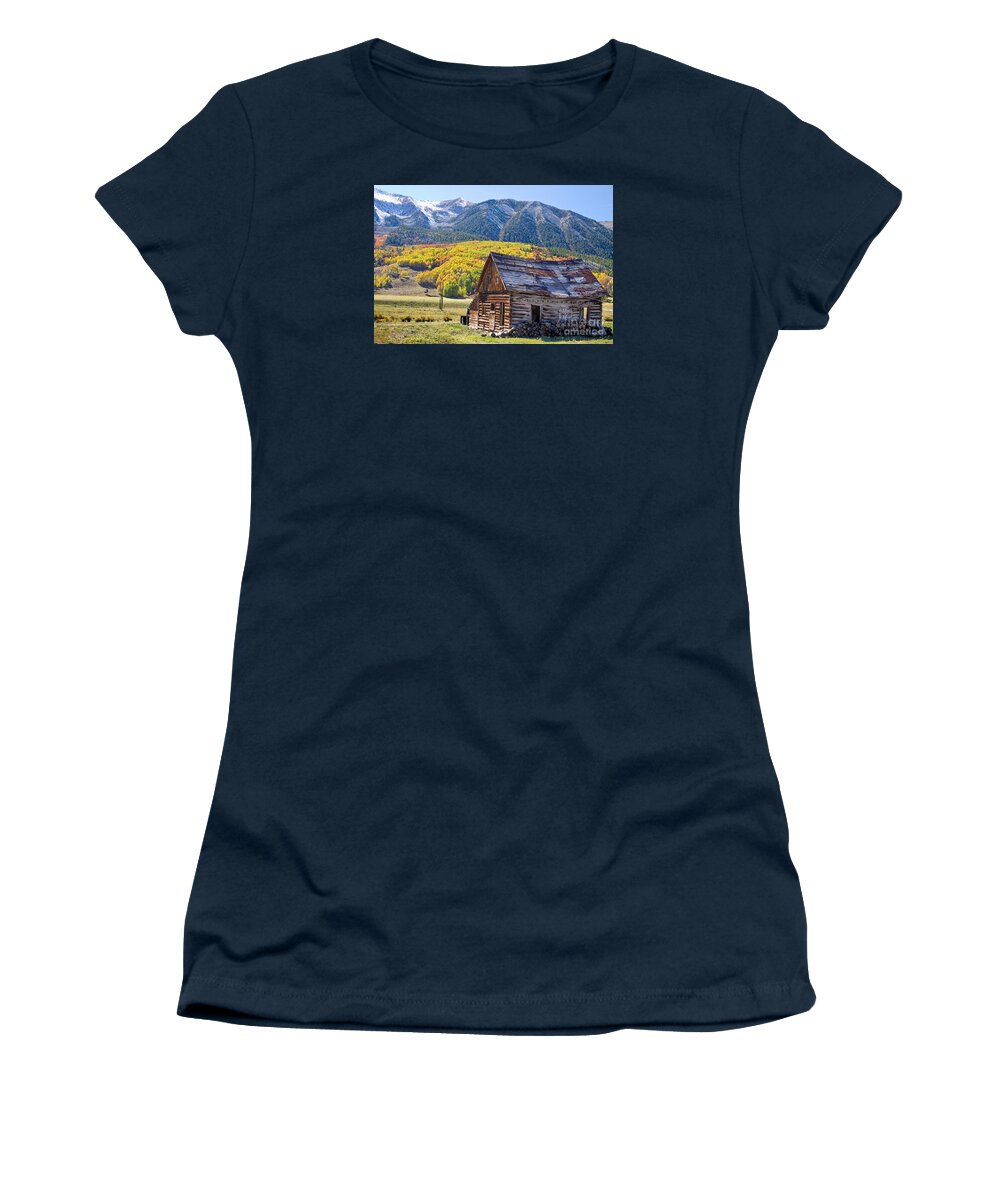 Aspens Women's T-Shirt featuring the photograph Rustic Rural Colorado Cabin Autumn Landscape by James BO Insogna