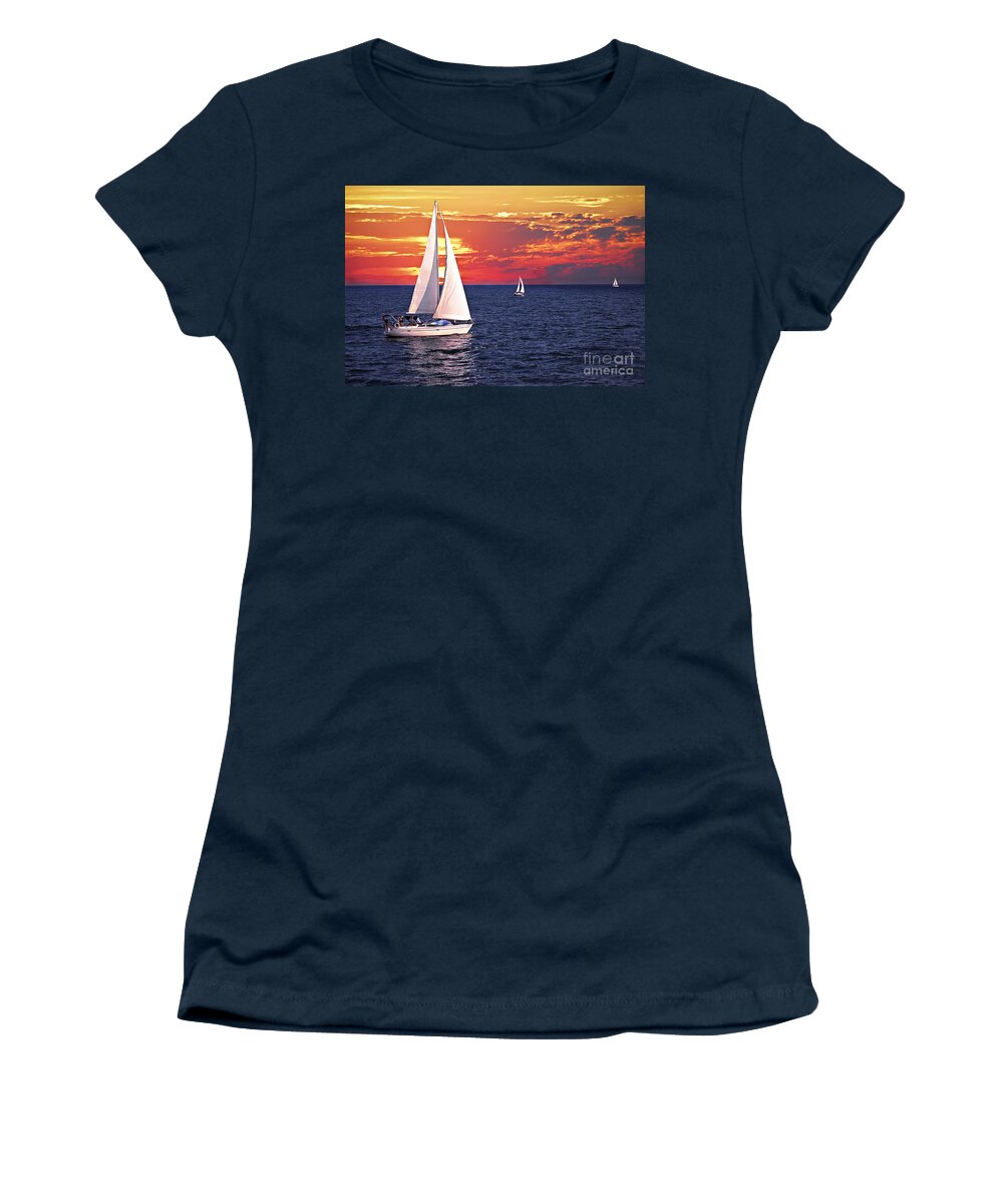 Boat Women's T-Shirt featuring the photograph Sailboats at sunset by Elena Elisseeva