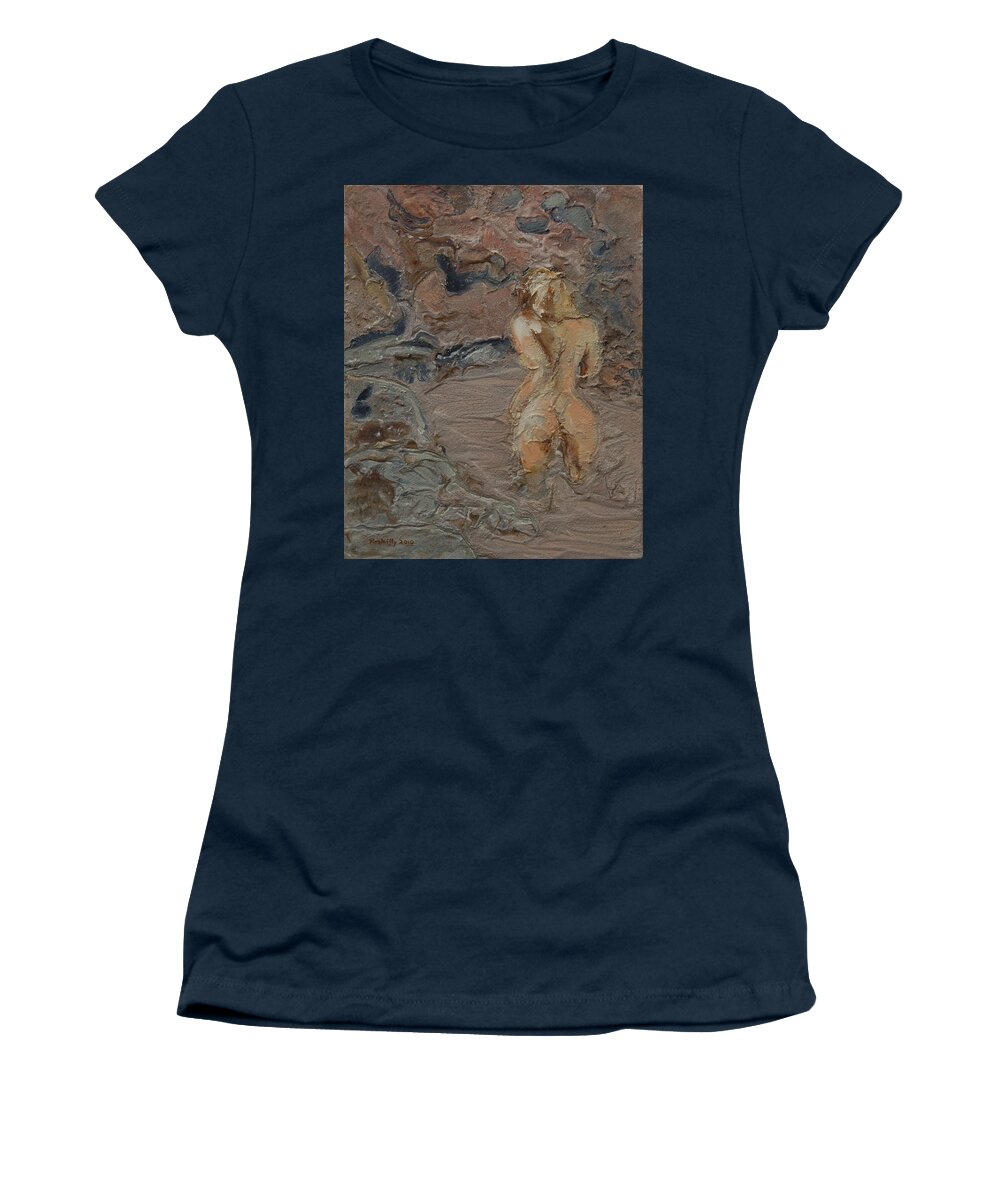 Naked Women's T-Shirt featuring the painting Sandy pool. by Peregrine Roskilly