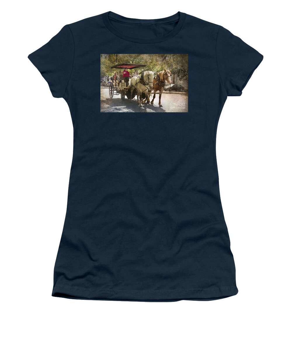 Savannah Women's T-Shirt featuring the photograph Savannah Carriage Ride by Carrie Cranwill