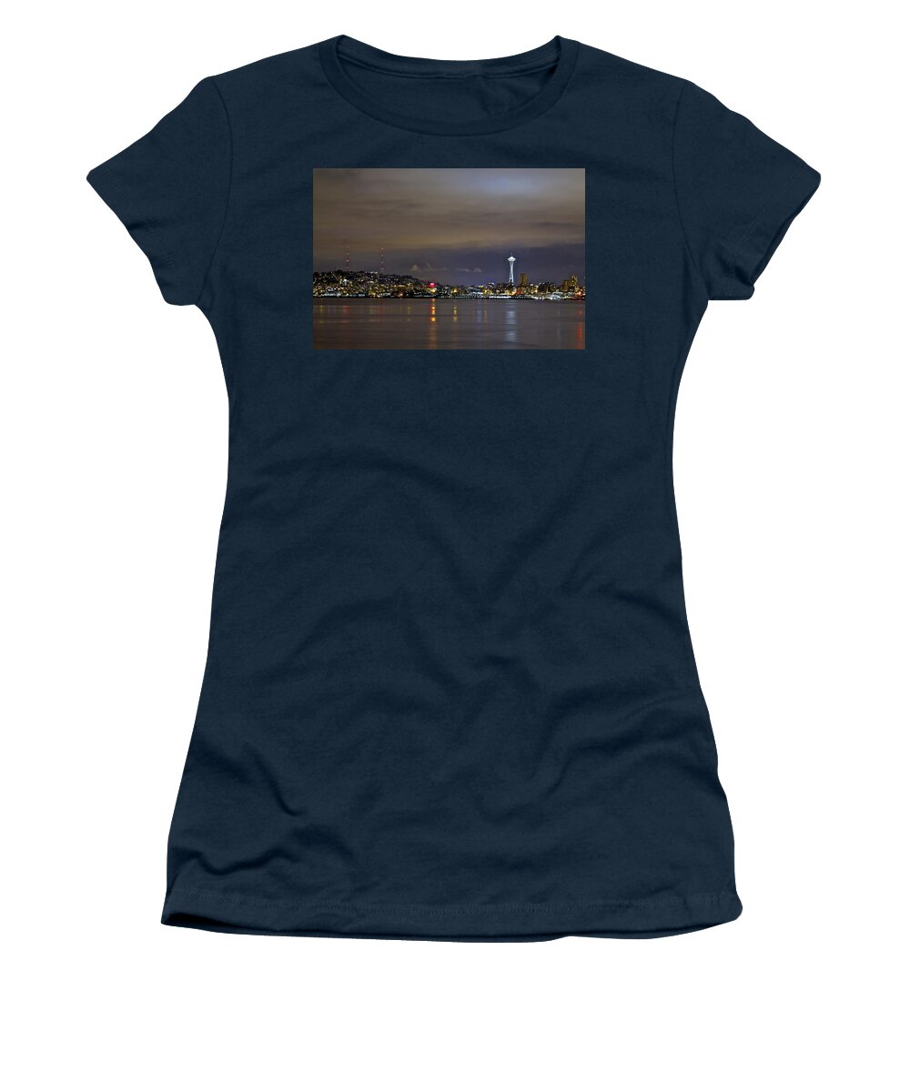 Night Photo Women's T-Shirt featuring the photograph Seattle cityscape at night by SC Heffner