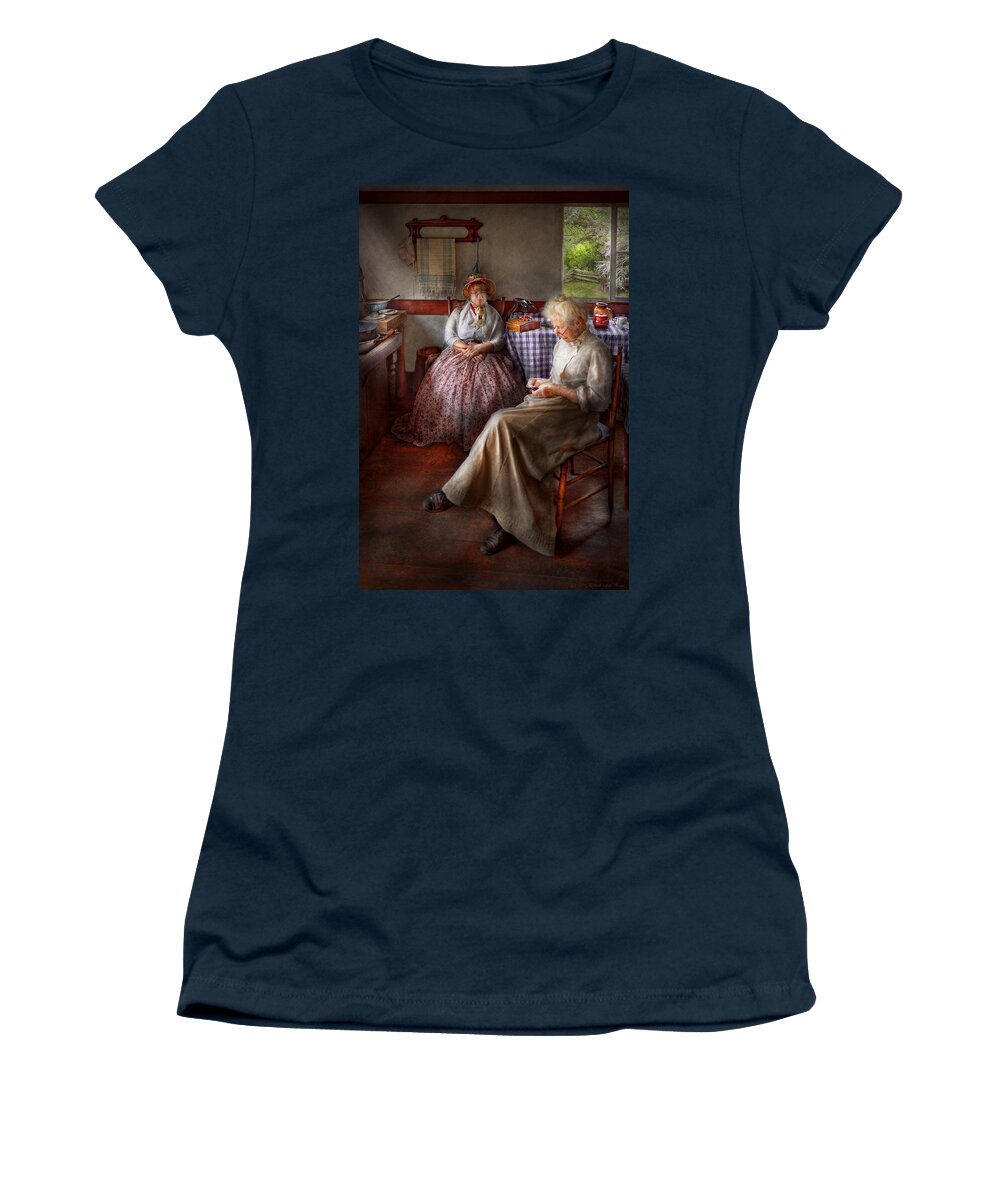 Sewing Women's T-Shirt featuring the photograph Sewing - I can watch her sew for hours by Mike Savad