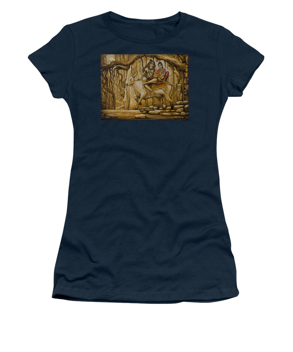 Shiva Women's T-Shirt featuring the painting Shiva Parvati Ganesha by Vrindavan Das