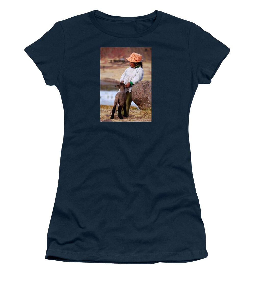 Girl Women's T-Shirt featuring the photograph Sillustani Girl with hat and lamb by RicardMN Photography