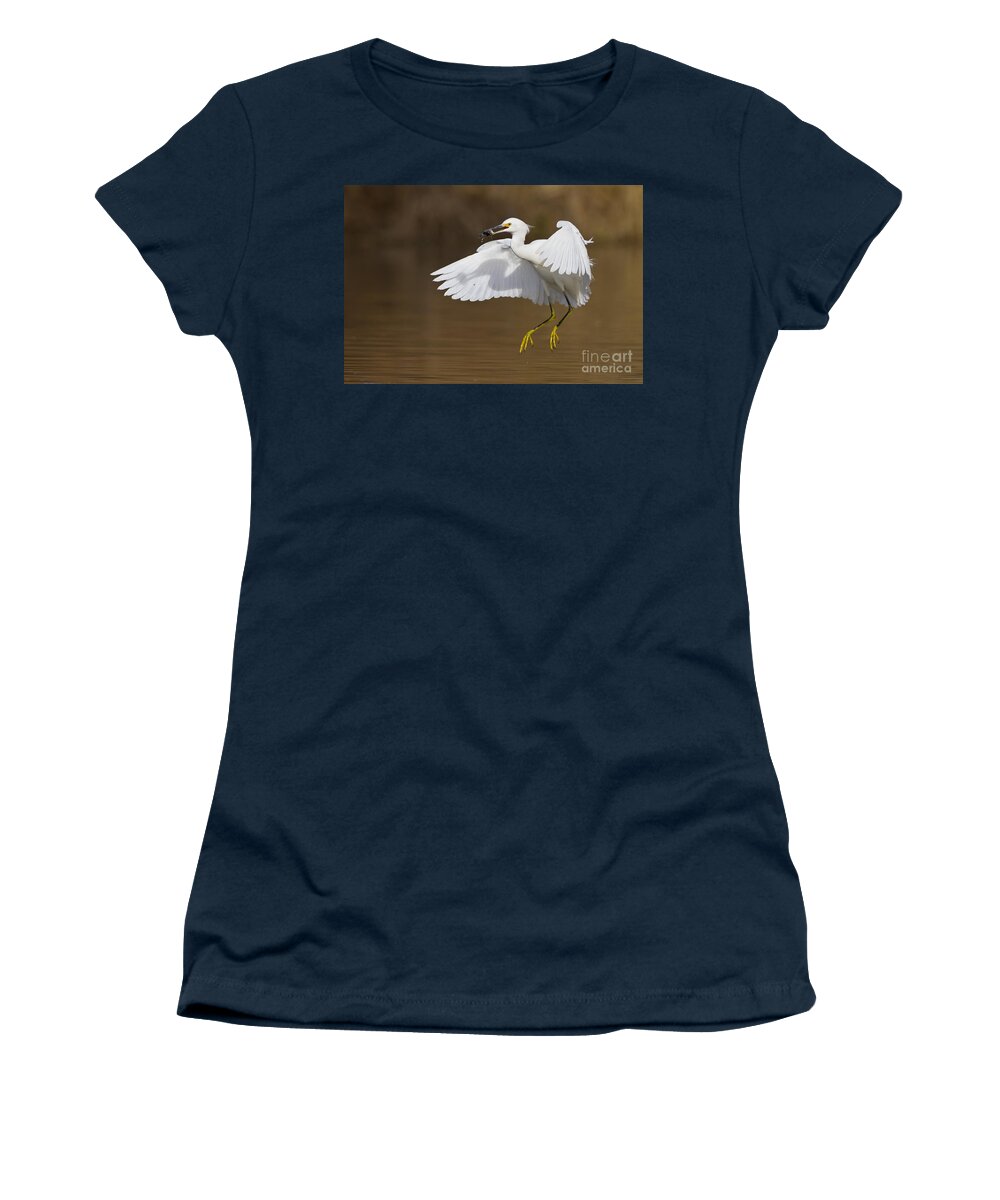 Snowy Egret Women's T-Shirt featuring the photograph Snowy with a fish by Bryan Keil