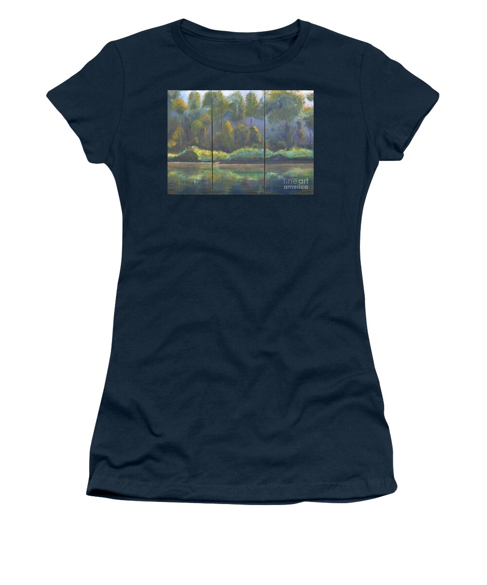 Spring River Coosa Tree Green Water Waterway Sunlight Reflection Tall Tree Blue Sky Yellow Water Front Flow Land Edge Stream Liquid Waterside Channel Women's T-Shirt featuring the painting Spring on the Coosa by Patricia Caldwell