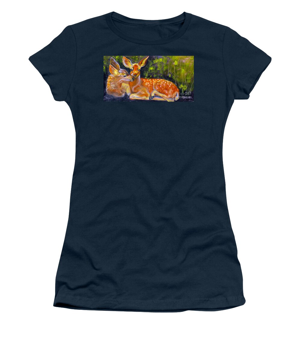 Fawn Women's T-Shirt featuring the painting Spring Twins 2 by Susan A Becker