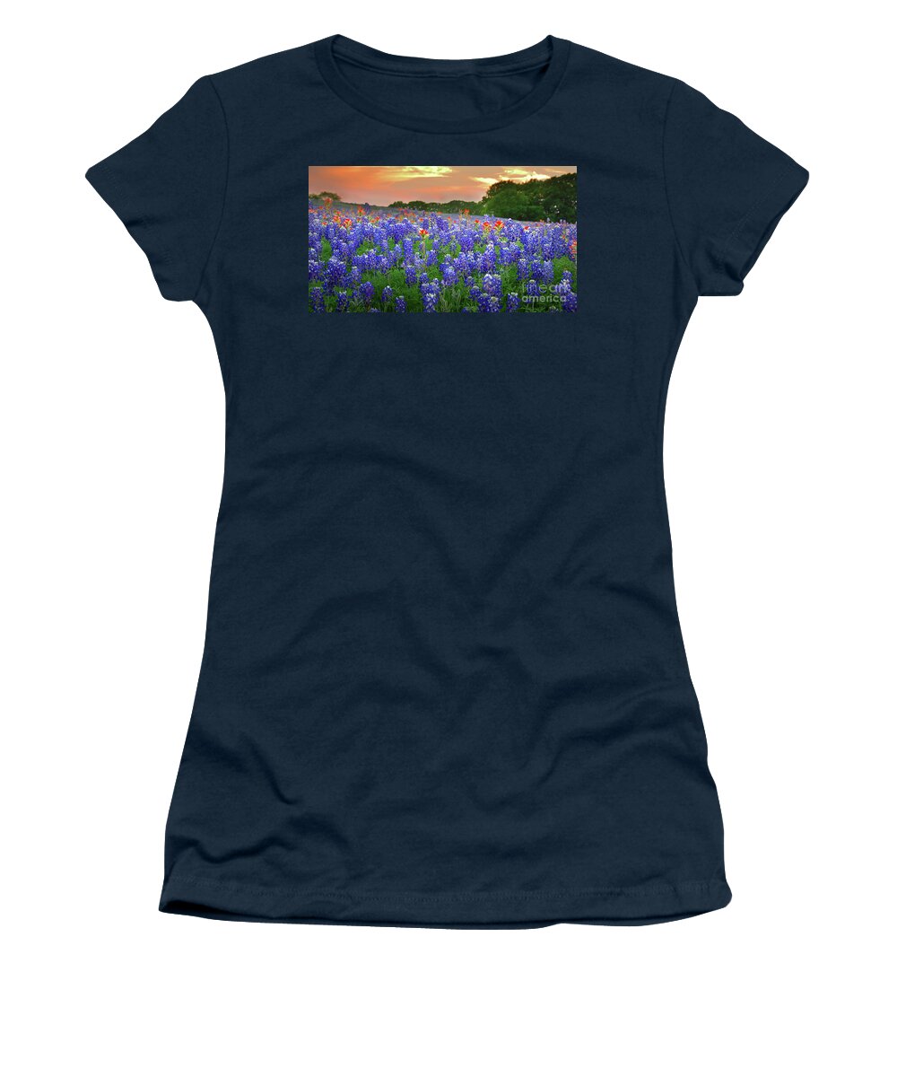 Spring Women's T-Shirt featuring the photograph Springtime Sunset in Texas - Texas Bluebonnet wildflowers landscape flowers paintbrush by Jon Holiday