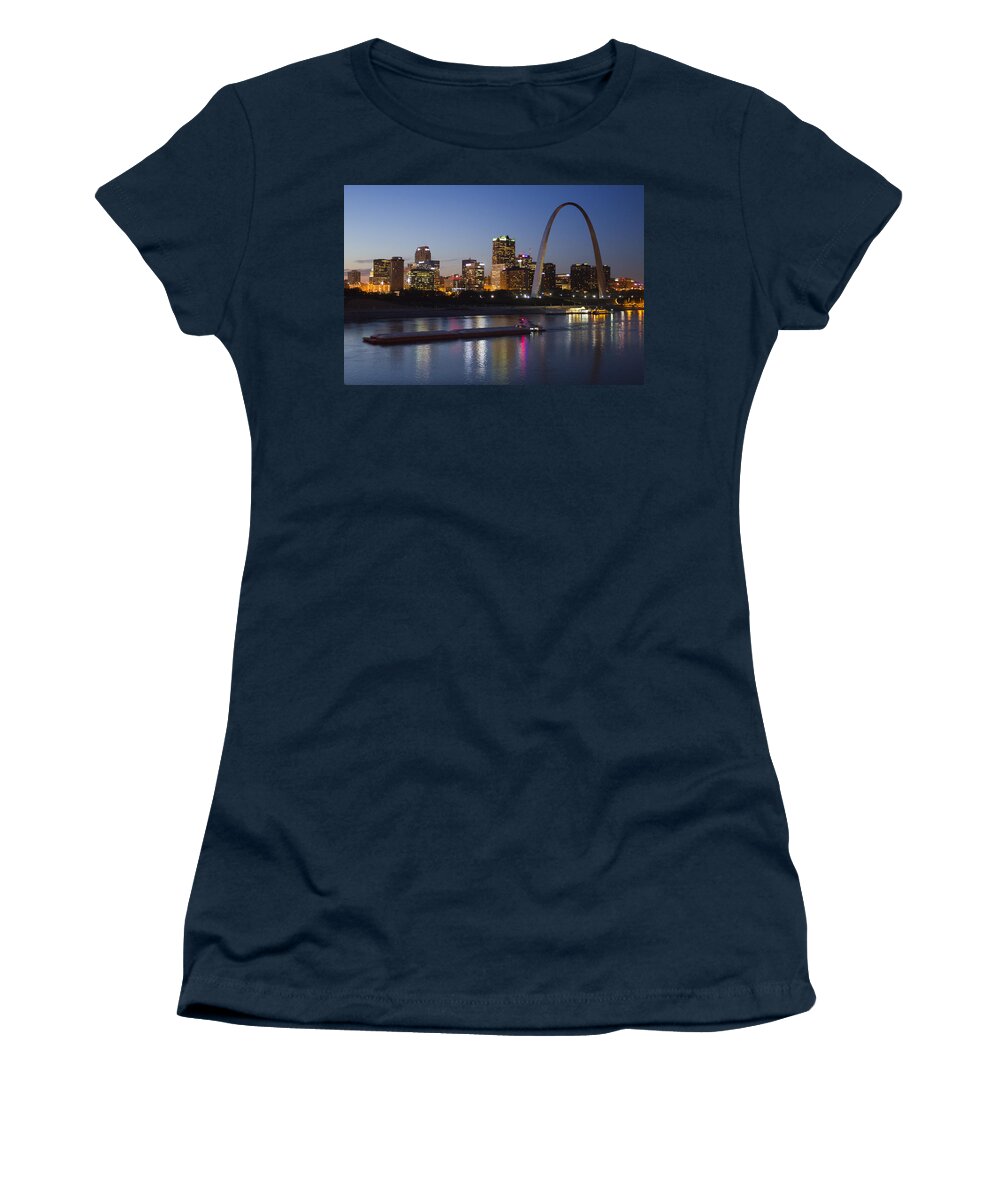 St Louis Women's T-Shirt featuring the photograph St Louis skyline with barges by Garry McMichael
