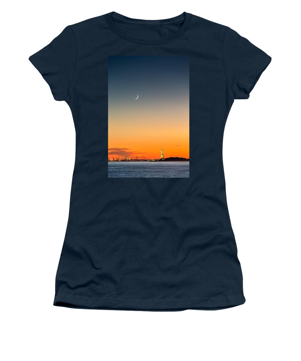 America Women's T-Shirt featuring the photograph Statue of Liberty under a crescent moon by Mihai Andritoiu