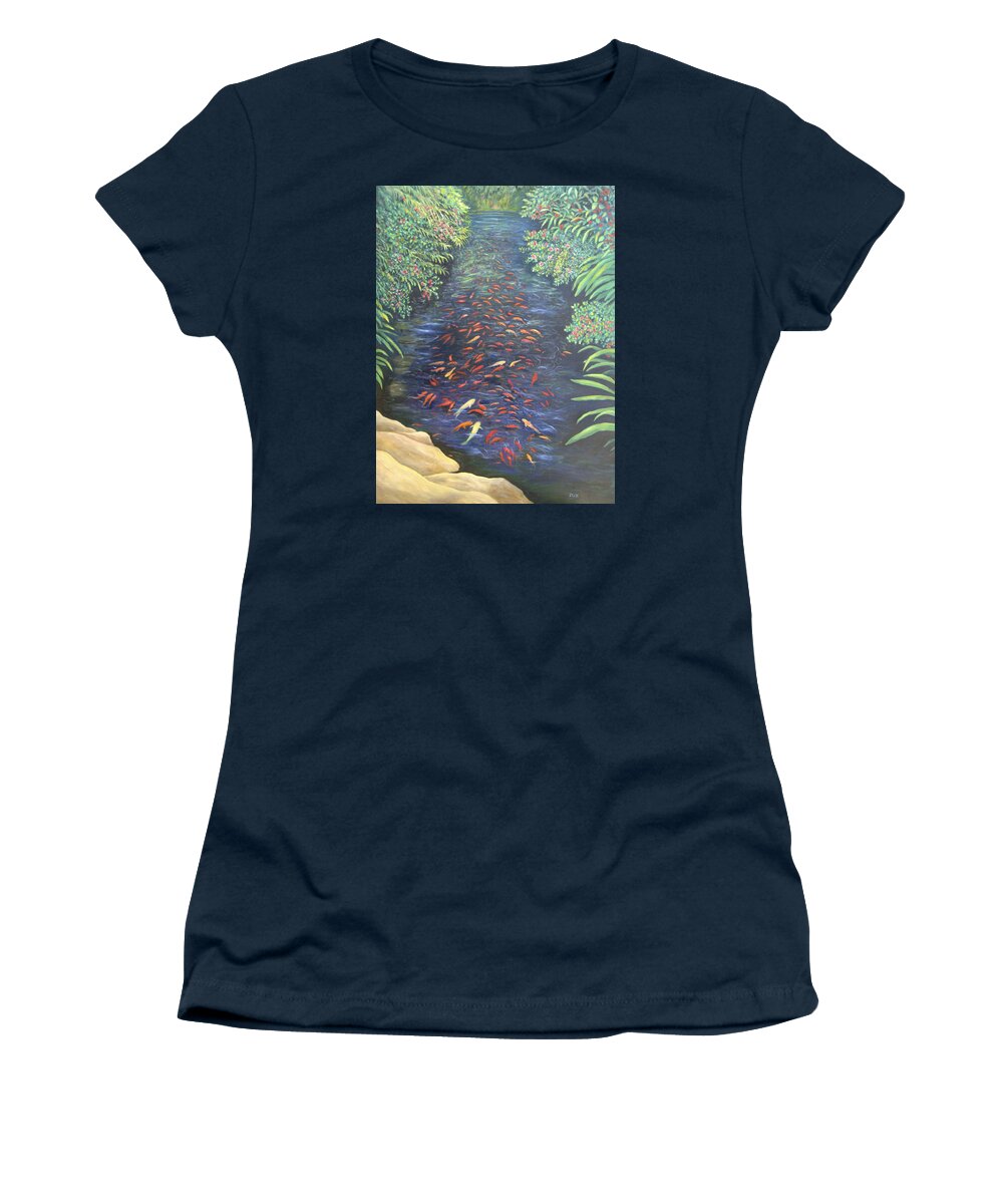 Karen Zuk Rosenblatt Art And Photography Women's T-Shirt featuring the painting Stream of Koi by Karen Zuk Rosenblatt