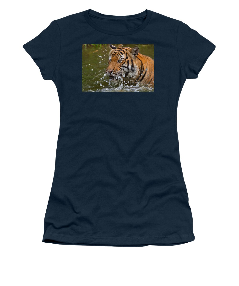 Nature Women's T-Shirt featuring the photograph Sumatran Tiger Splashing in the Water by Louise Heusinkveld