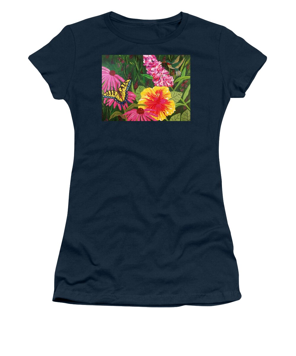 Butterfly Garden Women's T-Shirt featuring the painting Summer Garden by Ellen Levinson