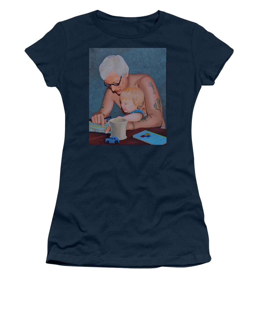 Father And Son Women's T-Shirt featuring the painting Sunday Paper by AnnaJo Vahle