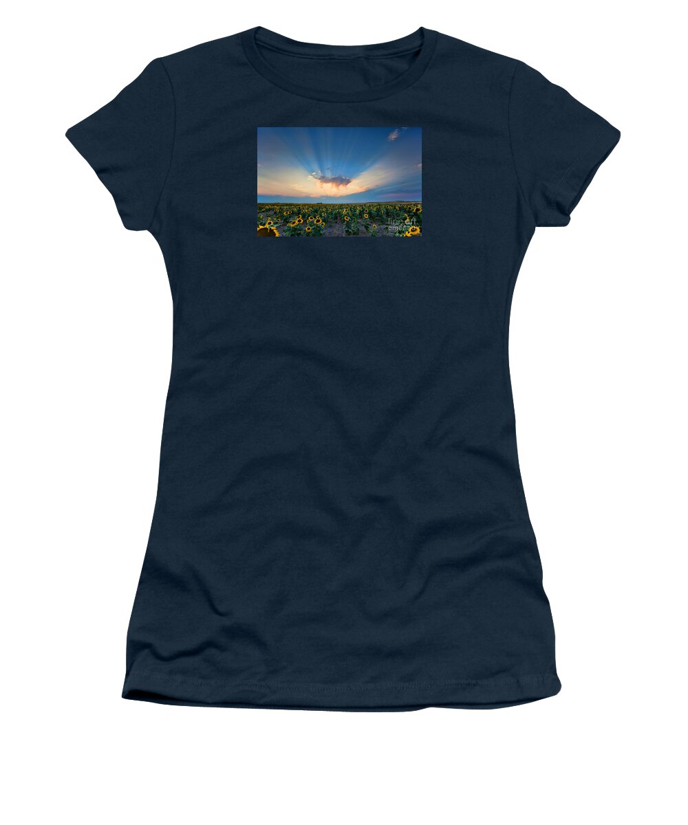 Flowers Women's T-Shirt featuring the photograph Sunflower Field at Sunset by Jim Garrison