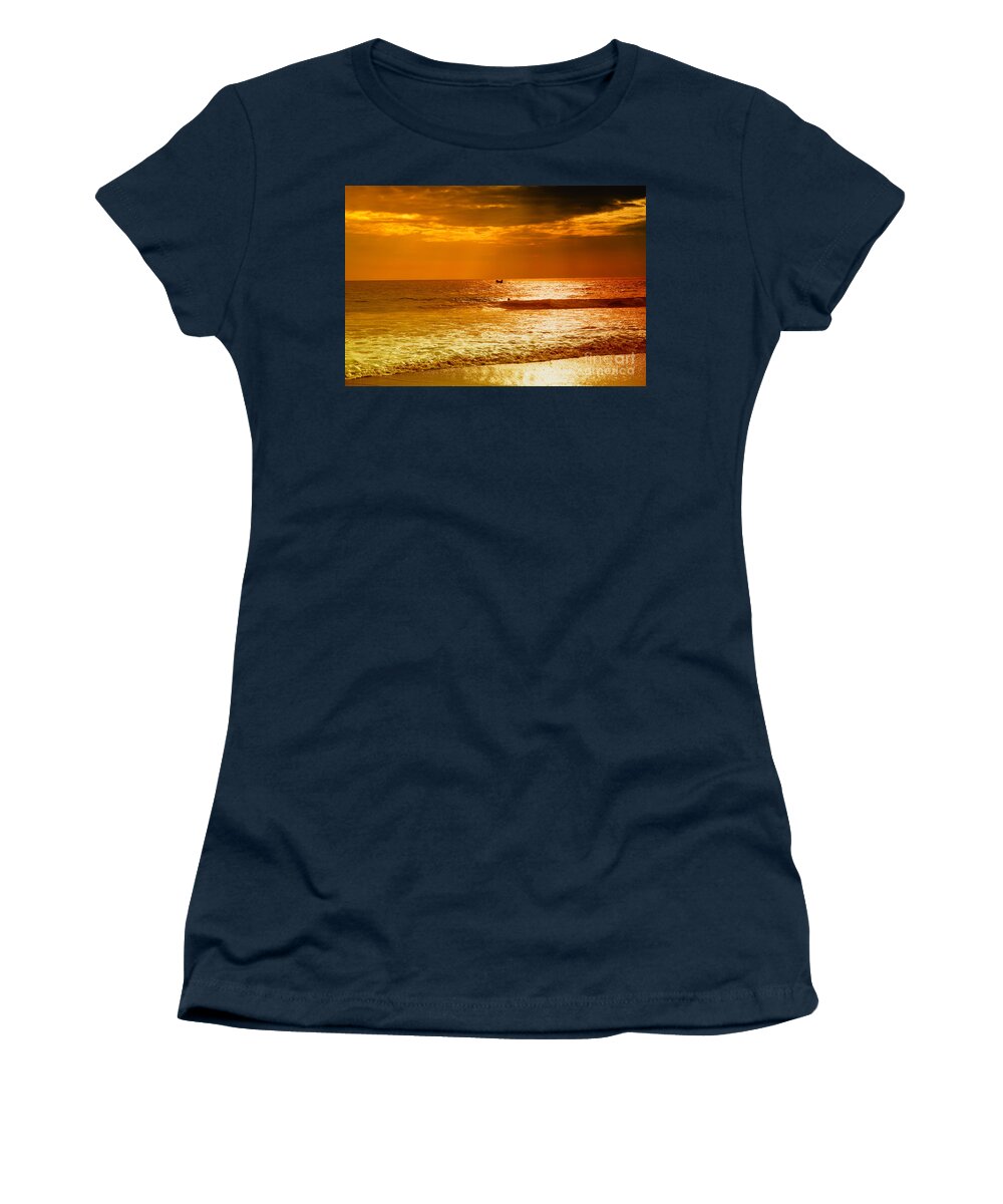 Sunset Women's T-Shirt featuring the photograph sunset in gold and red at the Hikkaduwa beach by Gina Koch