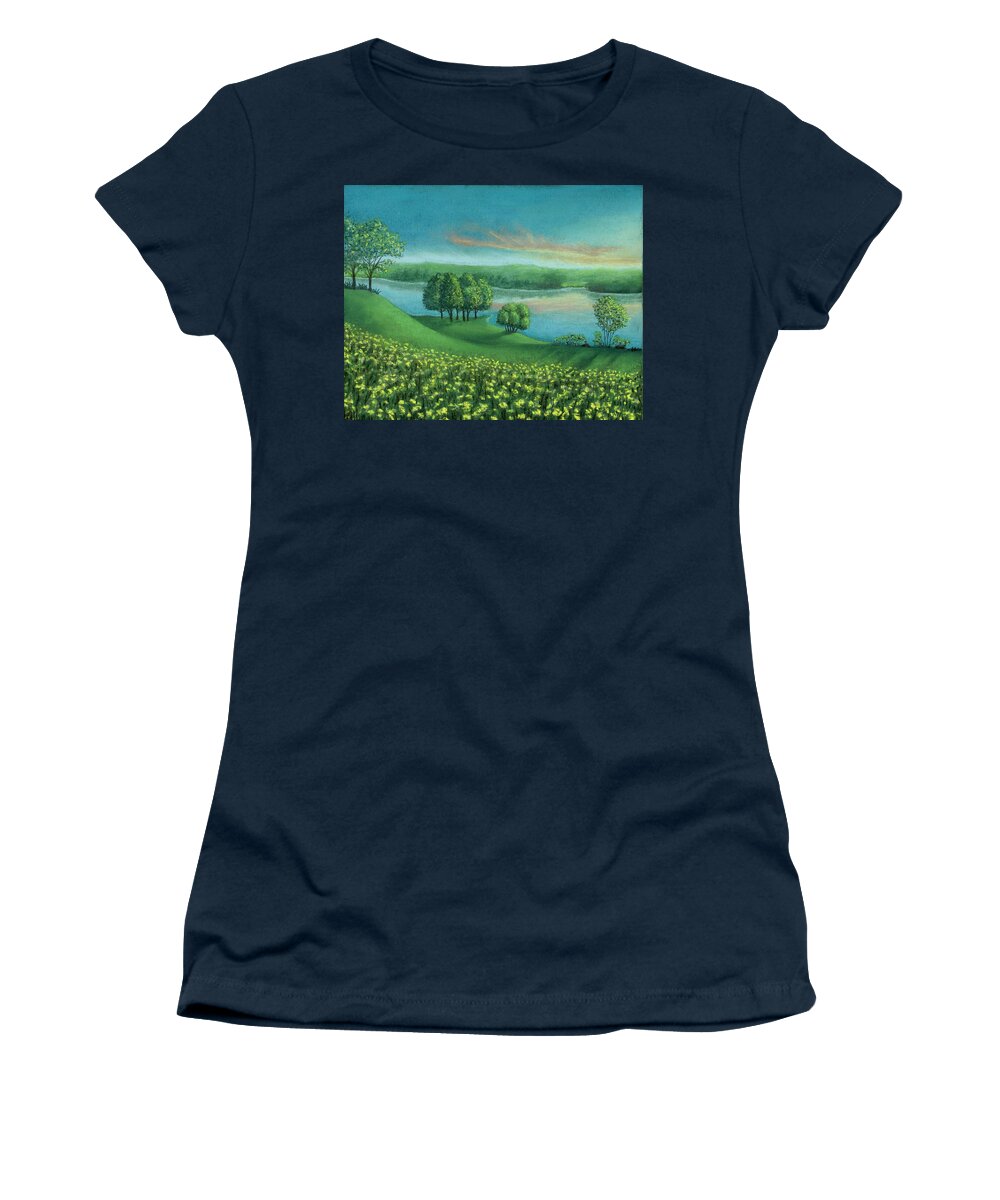 Sunset Women's T-Shirt featuring the pastel Sunset Lake A by Michael Heikkinen