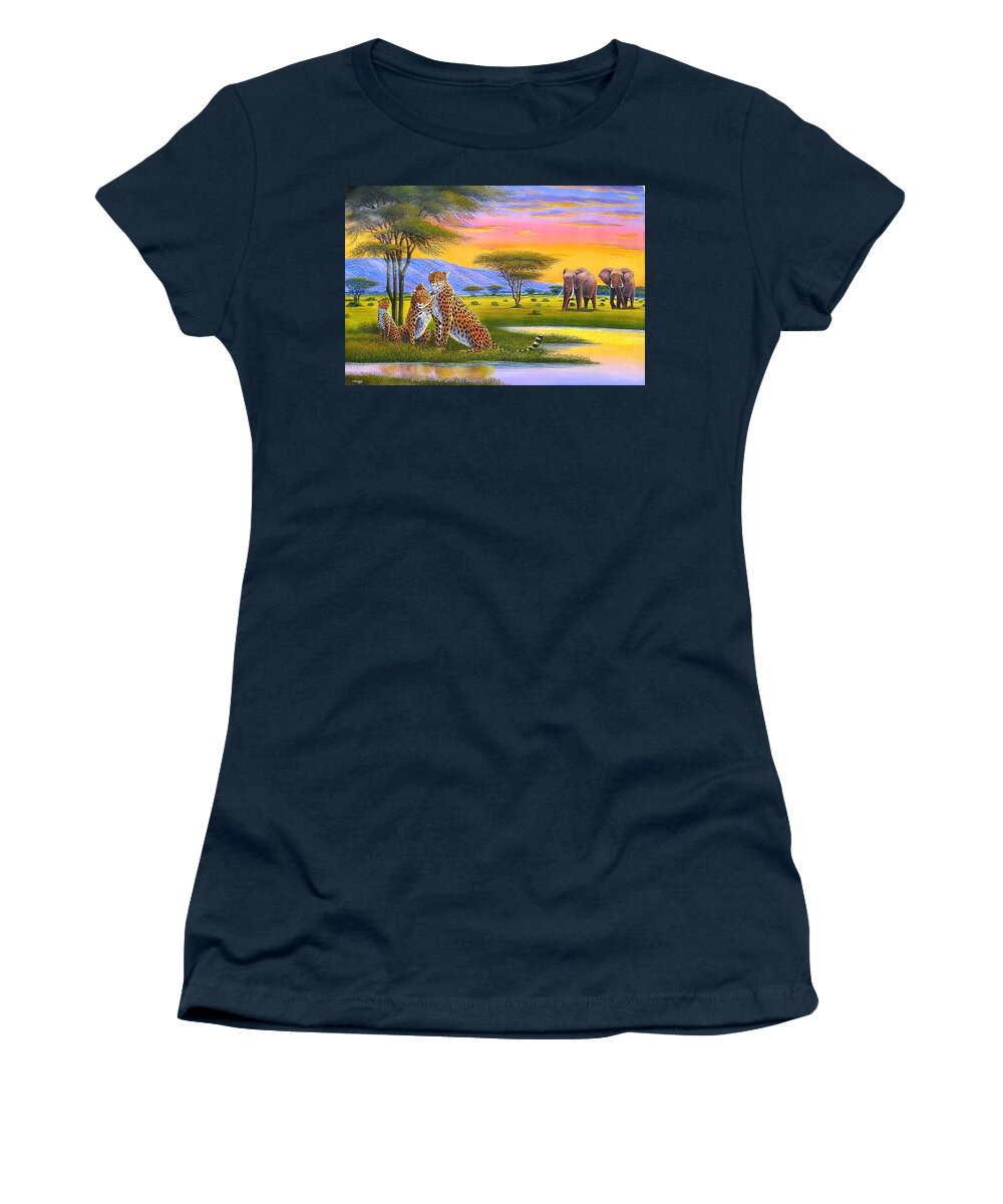 African Paintings Women's T-Shirt featuring the painting Sunset Watch by Jane Wanjeri