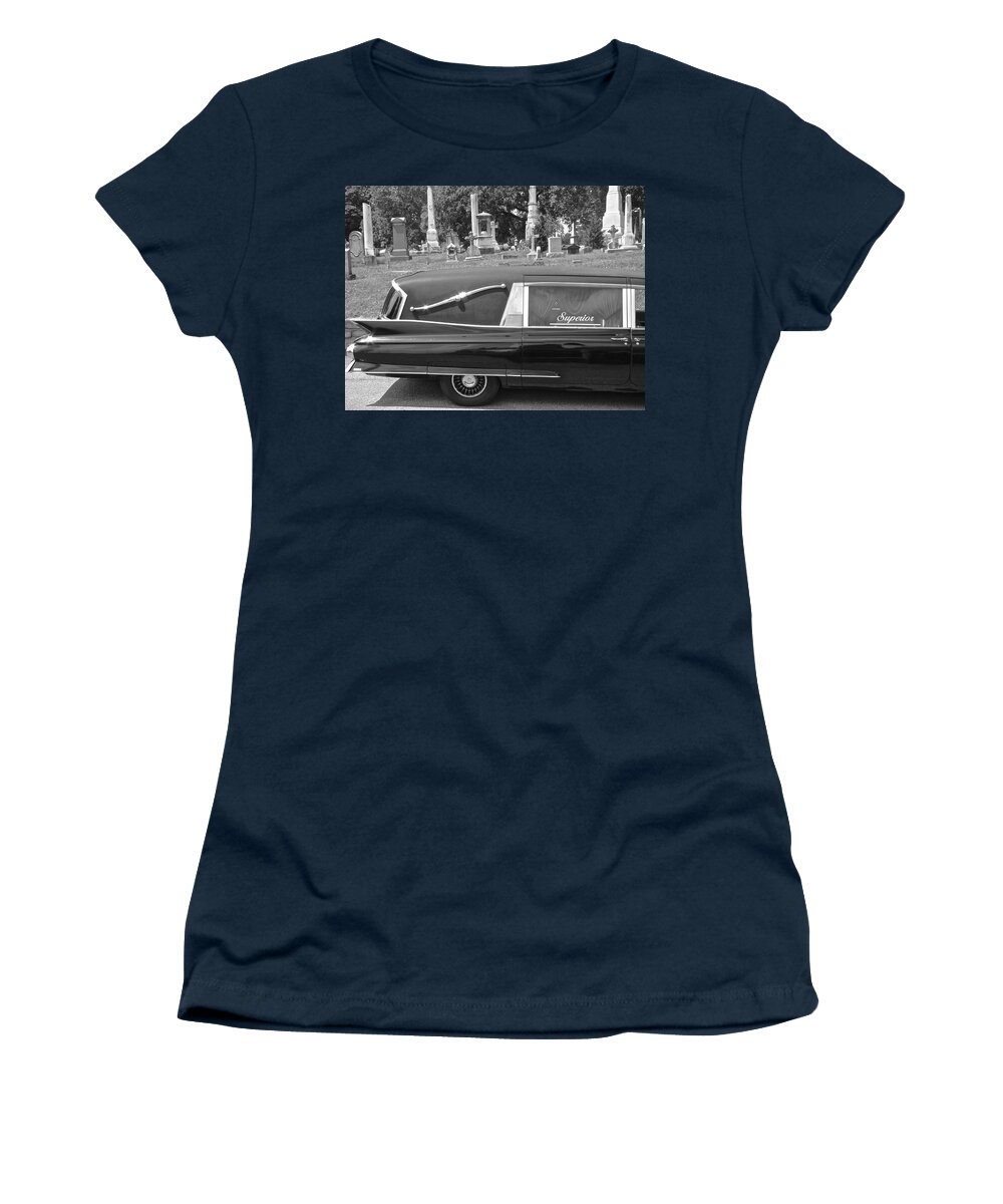 Superior Hearse Laurel Hill Cemetary Philadelphia Pa Car Show Black White Women's T-Shirt featuring the photograph Superior by Alice Gipson
