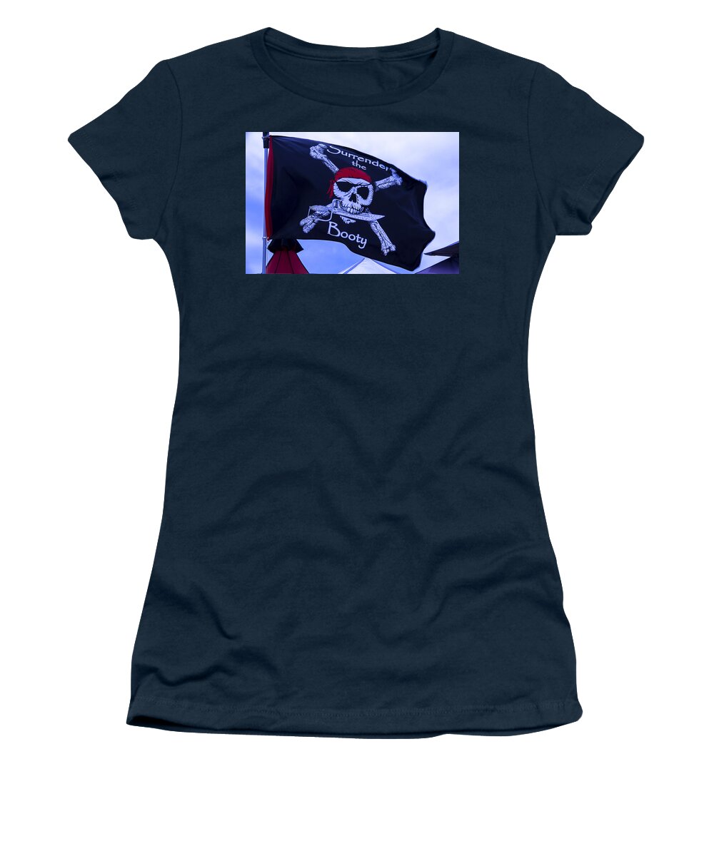 Surrender The Booty Women's T-Shirt featuring the photograph Surrender The Booty Pirate Flag by Garry Gay