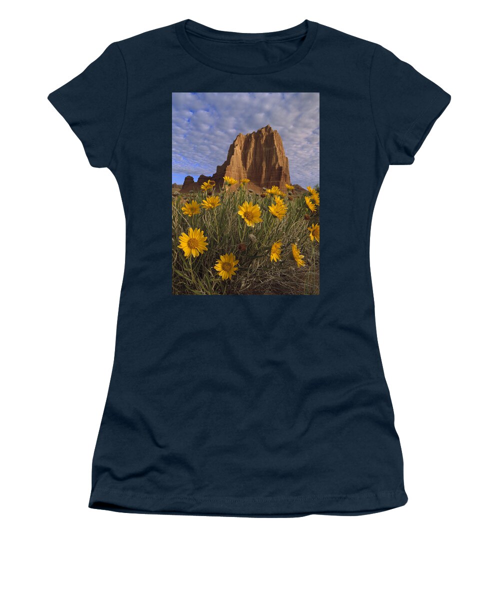 Feb0514 Women's T-Shirt featuring the photograph Temple Of The Sun With Sunflowers by Tim Fitzharris