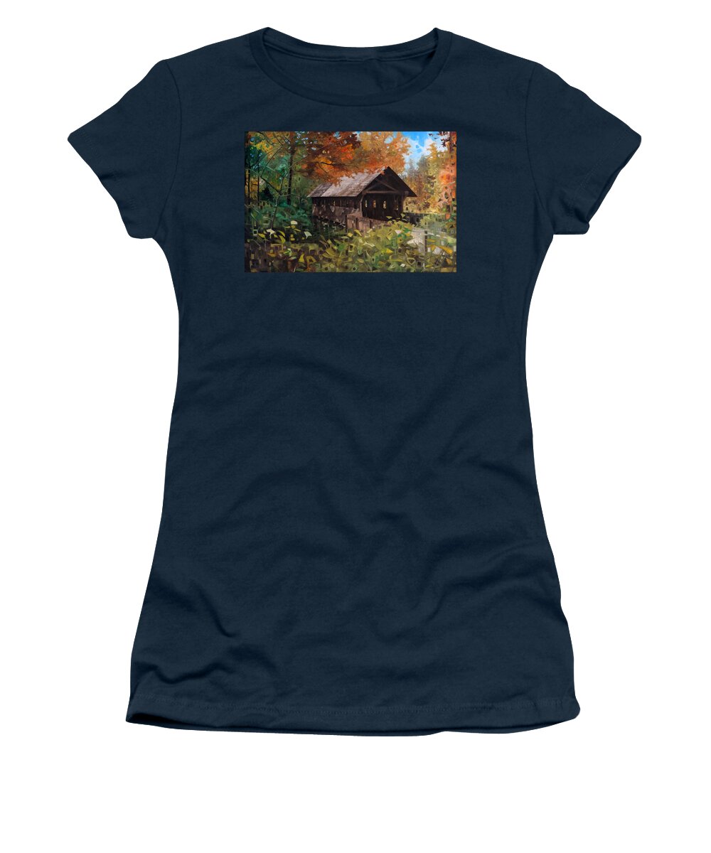 Landscape Women's T-Shirt featuring the painting The Gilliland Covered Bridge by T S Carson