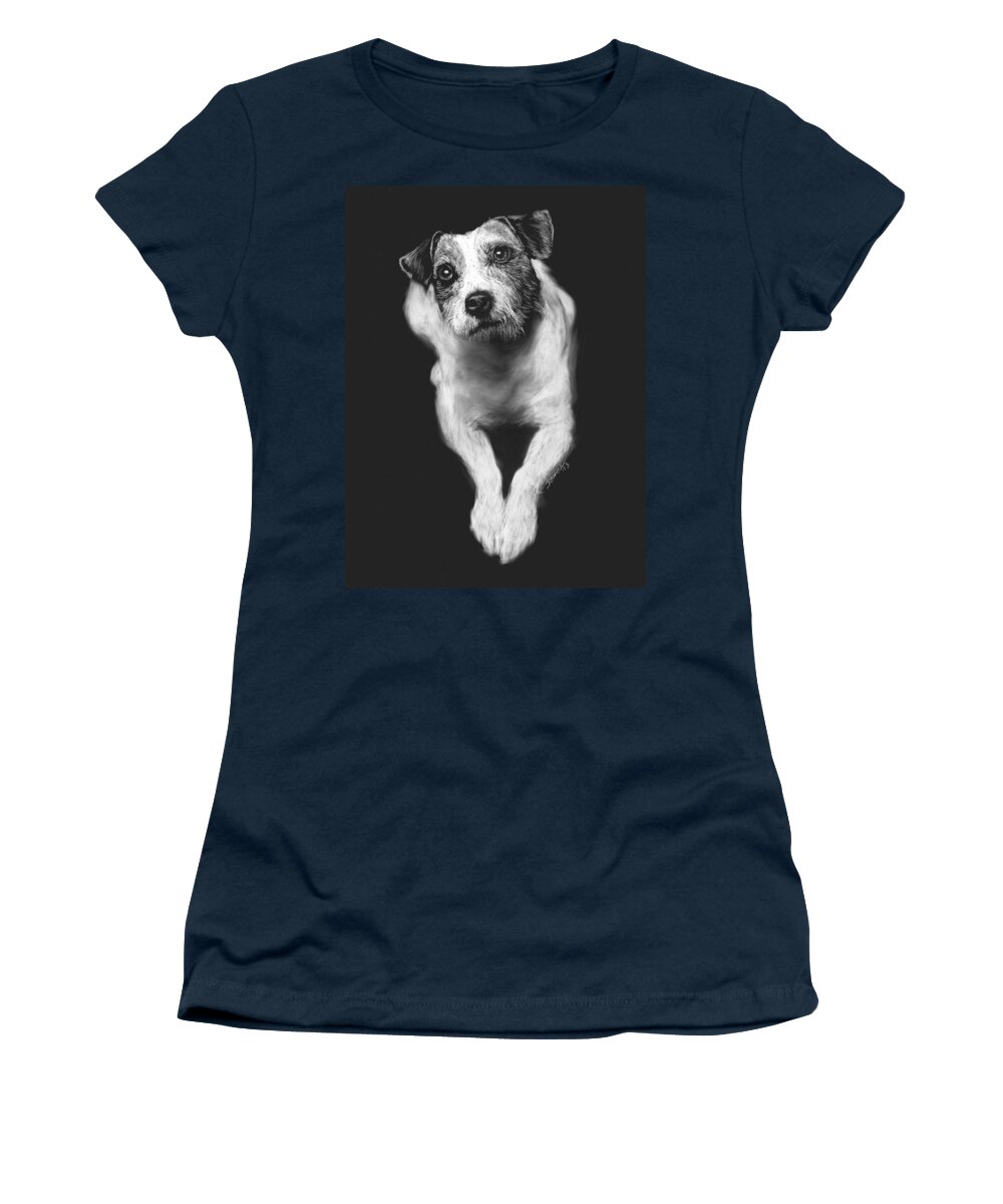 Jack Russell Women's T-Shirt featuring the drawing The Jack Russell Stare- Got Ball? by Rachel Bochnia