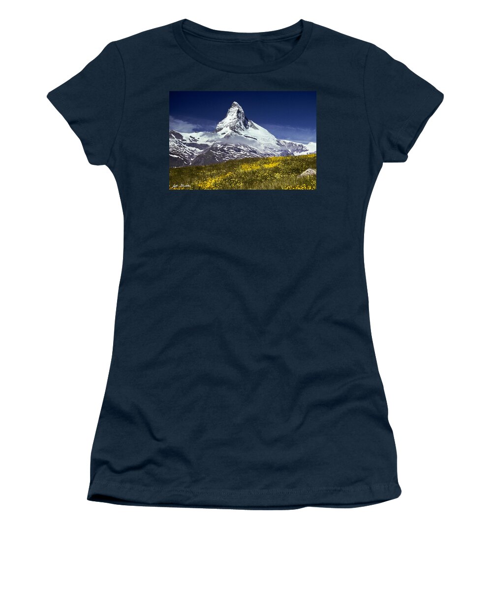 Alpine Women's T-Shirt featuring the photograph The Matterhorn with Alpine Meadow in Foreground by Jeff Goulden