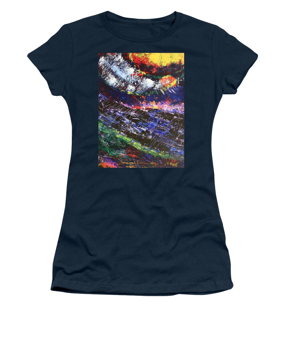 The Sun Moon And Earth Women's T-Shirt featuring the painting The Sun Moon and Earth by Kume Bryant