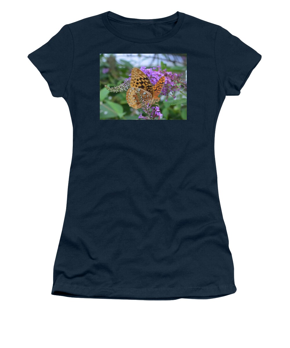 Speyeria Aphrodite Women's T-Shirt featuring the photograph Tiger Moth speyeria aphrodite feeding on Butterfly Bush by Stacie Siemsen