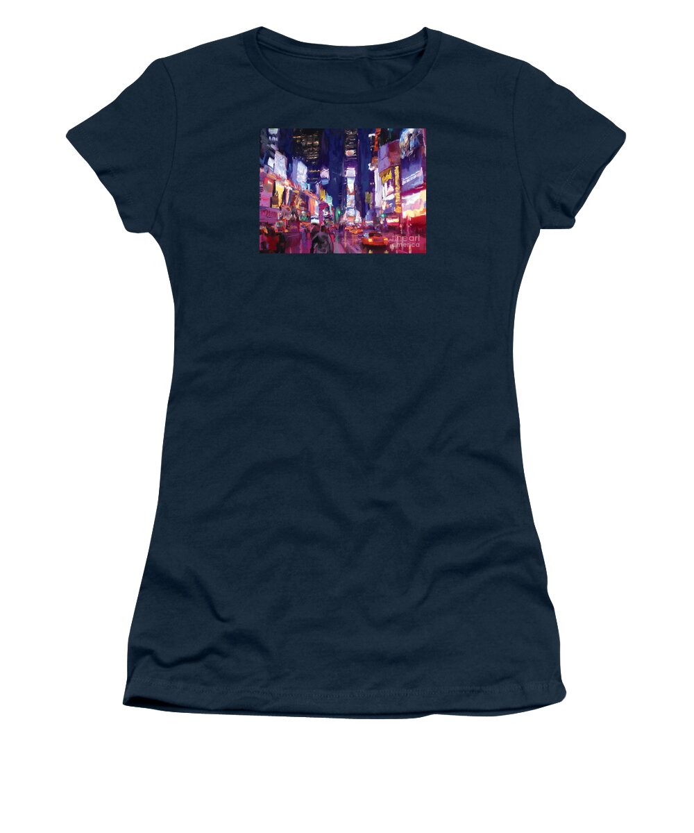 New York Women's T-Shirt featuring the painting Amy's Time Square in the Rain by Tim Gilliland