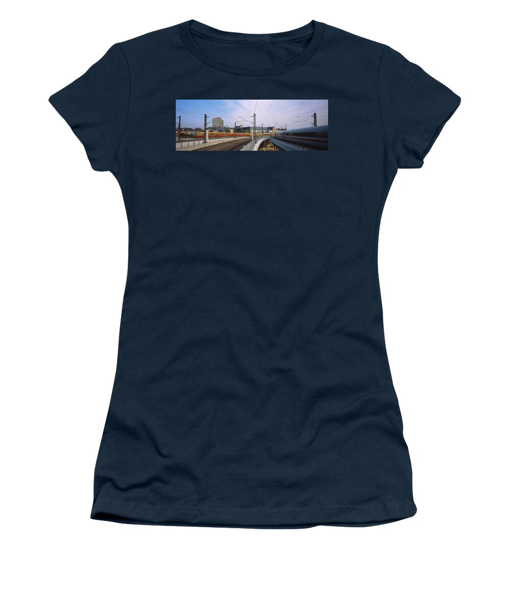 Photography Women's T-Shirt featuring the photograph Trains On Railroad Tracks, Central by Panoramic Images