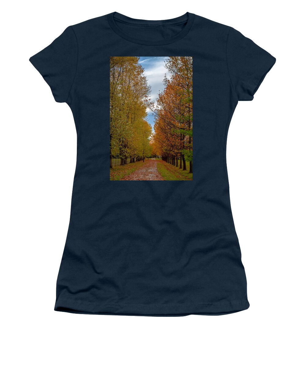 Path Women's T-Shirt featuring the photograph Tree Lines Path in Fall by Ron Pate
