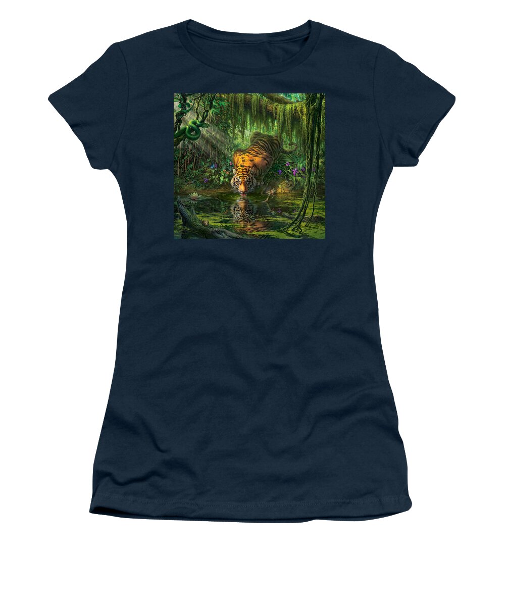 Bambootiger Dragonfly Butterfly Bengal Tiger India Rainforest Junglefredrickson Snail Water Lily Orchid Flowers Vines Snake Viper Pit Viper Frog Toad Palms Pond River Moss Tiger Paintings Jungle Tigers Tiger Art Women's T-Shirt featuring the digital art Aurora's Garden by Mark Fredrickson