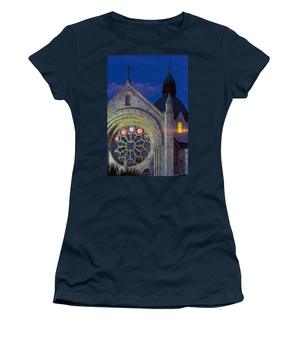 Architectural Features Women's T-Shirt featuring the photograph Twilight at Sacred Heart by Ed Gleichman