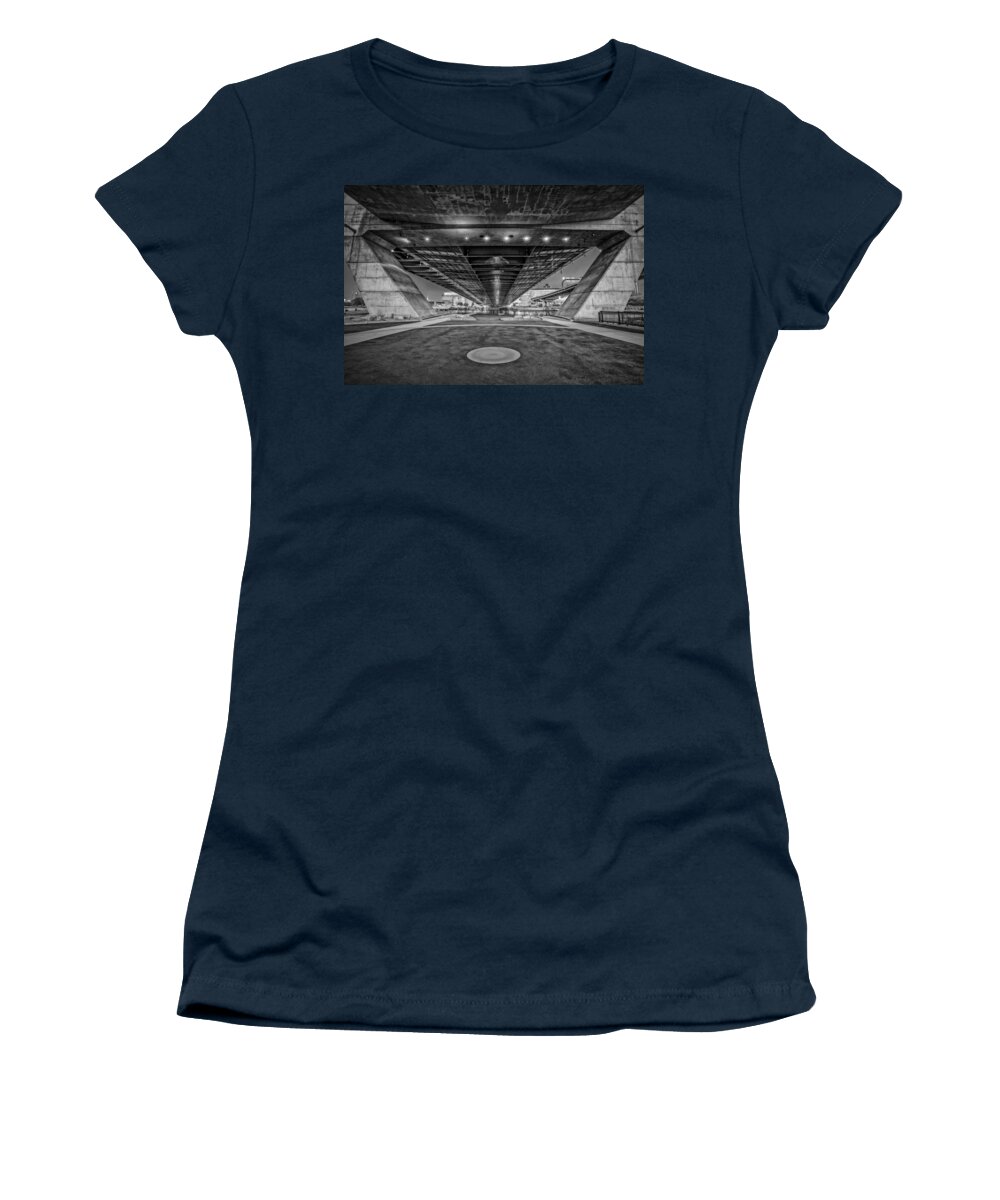 Zakim Women's T-Shirt featuring the photograph Underneath The Zakim Bridge BW by Susan Candelario
