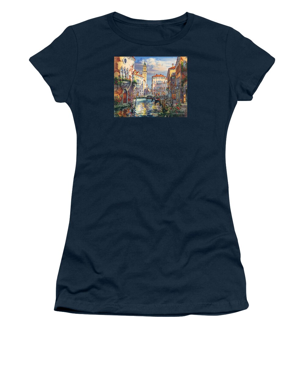 Venetian Canal Women's T-Shirt featuring the painting Venice before sunset by Maria Rabinky