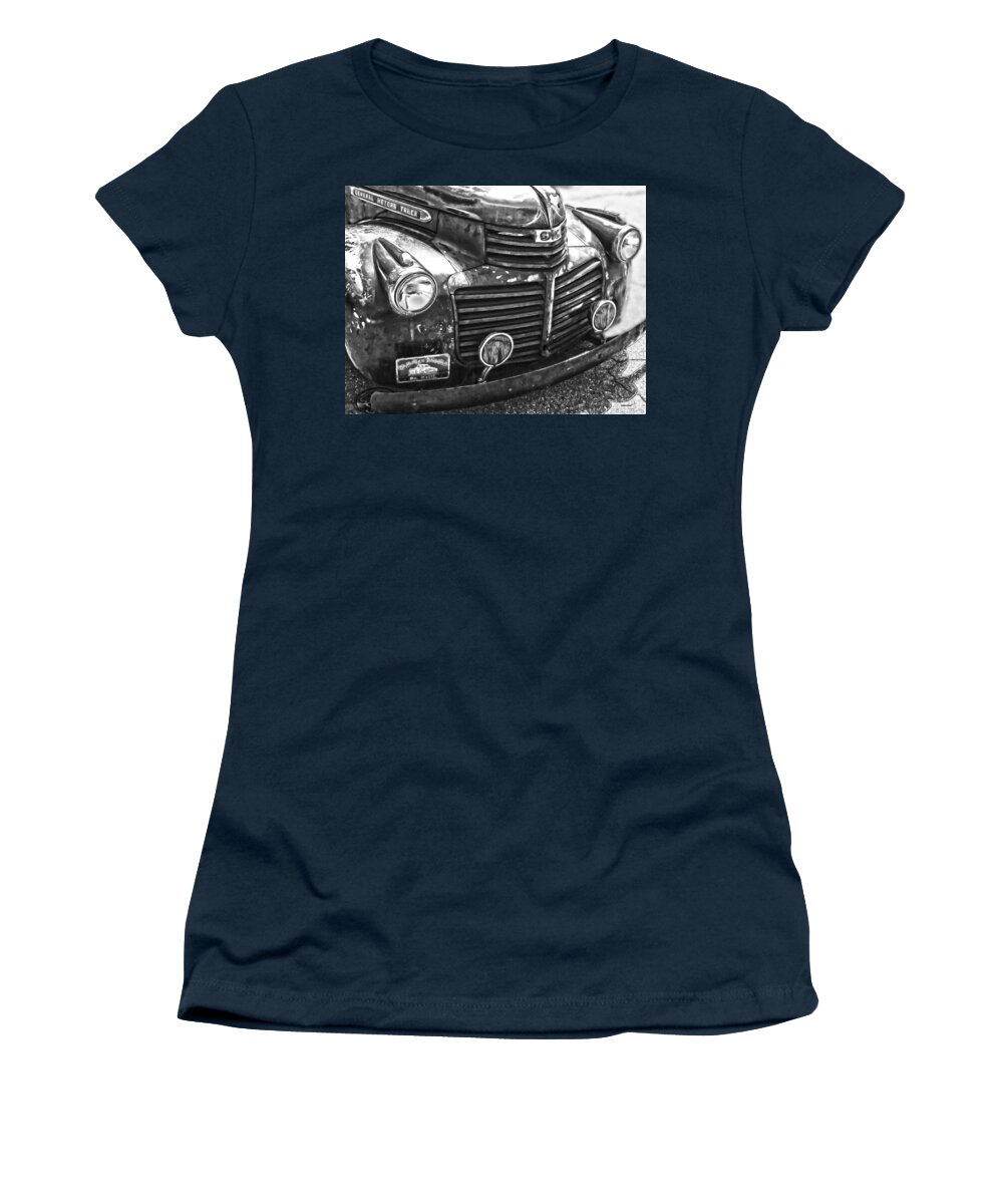 General Motors Women's T-Shirt featuring the photograph Vintage GM Truck Frontal BW by Lesa Fine