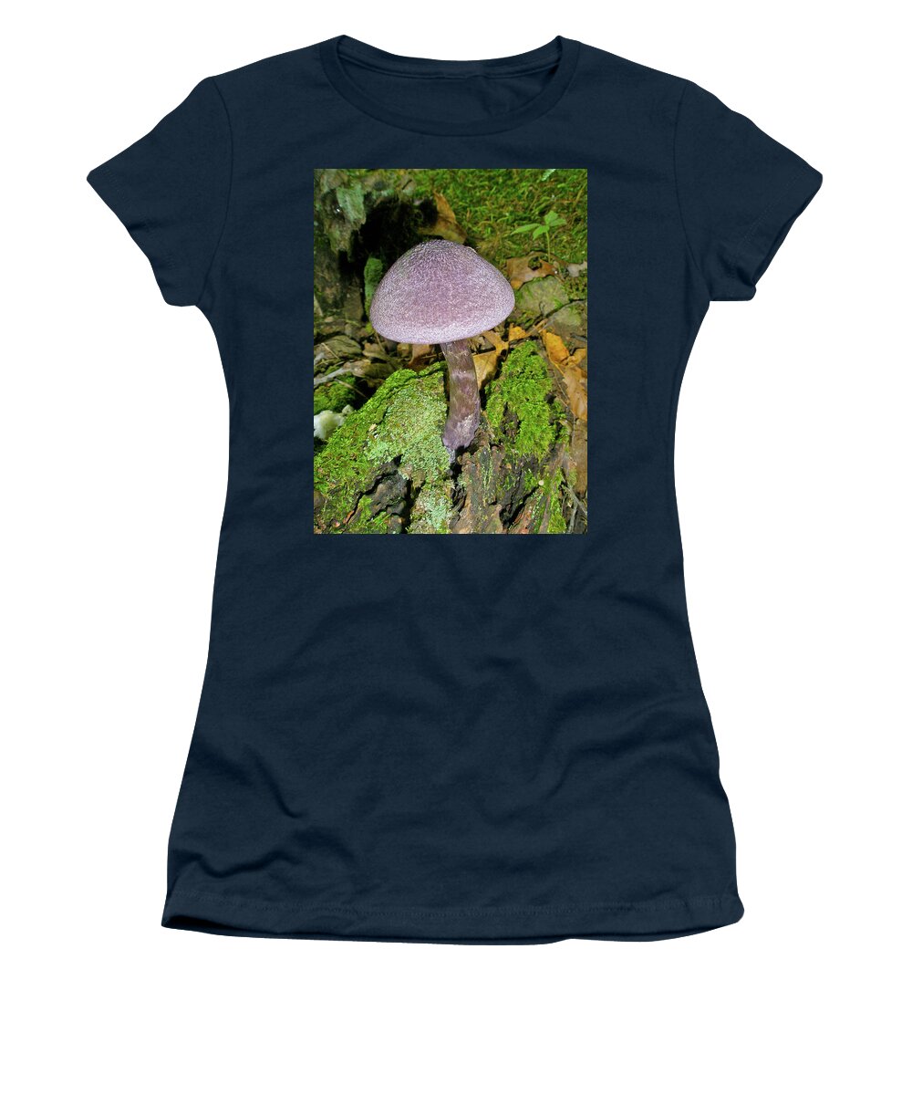 Mushroom Women's T-Shirt featuring the photograph Violet Cortinarious -Cortinarious violaceus Mushroom on Mossy Log by Carol Senske