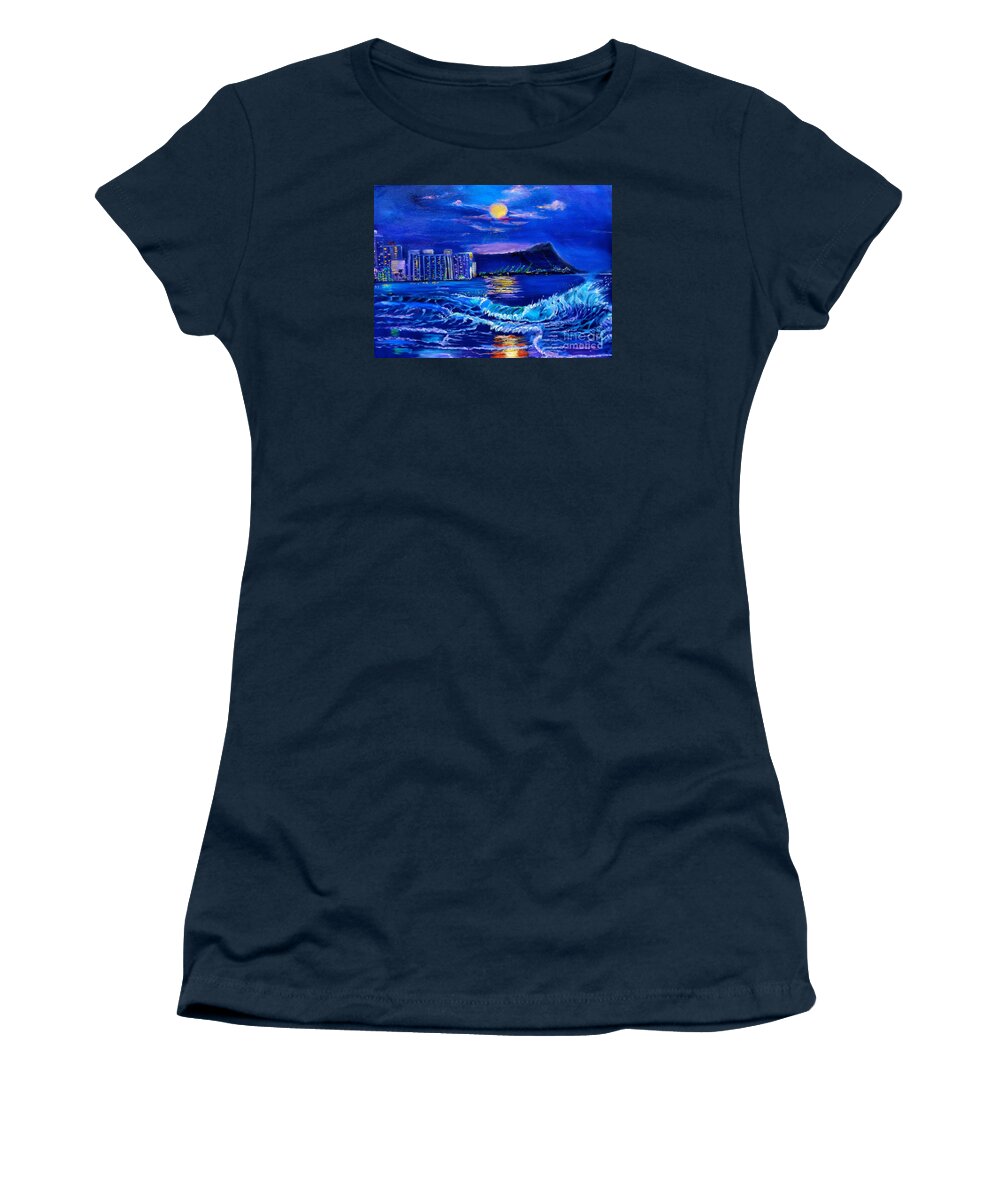 Diamond Head Print Women's T-Shirt featuring the painting Waikiki Lights by Jenny Lee