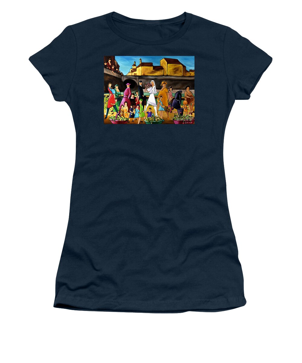 Wedding Women's T-Shirt featuring the painting Wedding In Front Of Bridge by William Cain