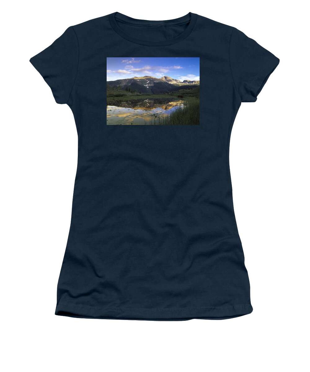 Feb0514 Women's T-Shirt featuring the photograph West Needle Mountains Reflected In Pond by Tim Fitzharris