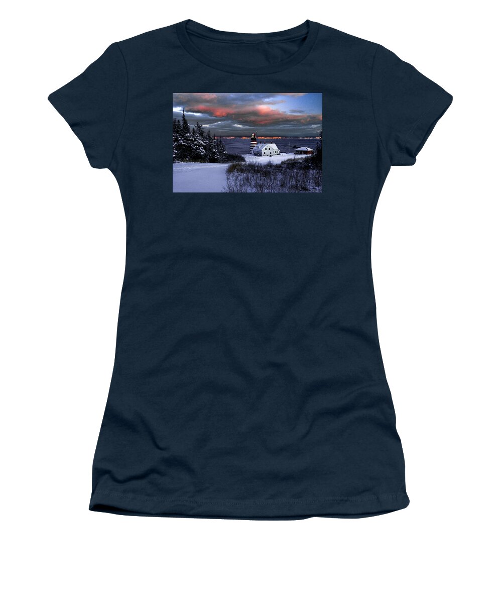 West Quoddy Head Lighthouse Women's T-Shirt featuring the photograph West Quoddy Head Lighthouse Winters Dusk Afterglow by Marty Saccone