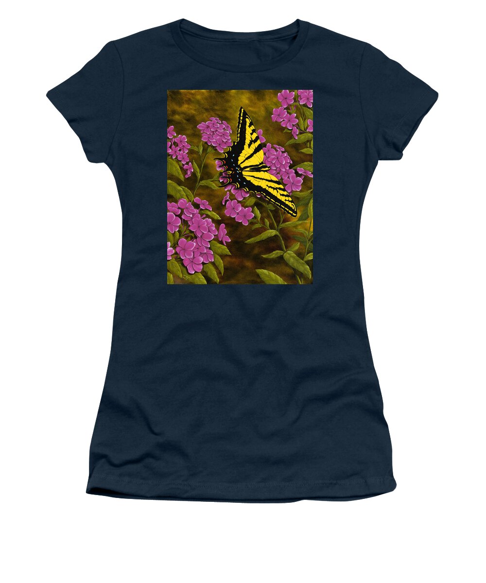 Animals Women's T-Shirt featuring the painting Western Tiger Swallowtail and Evening Phlox by Rick Bainbridge