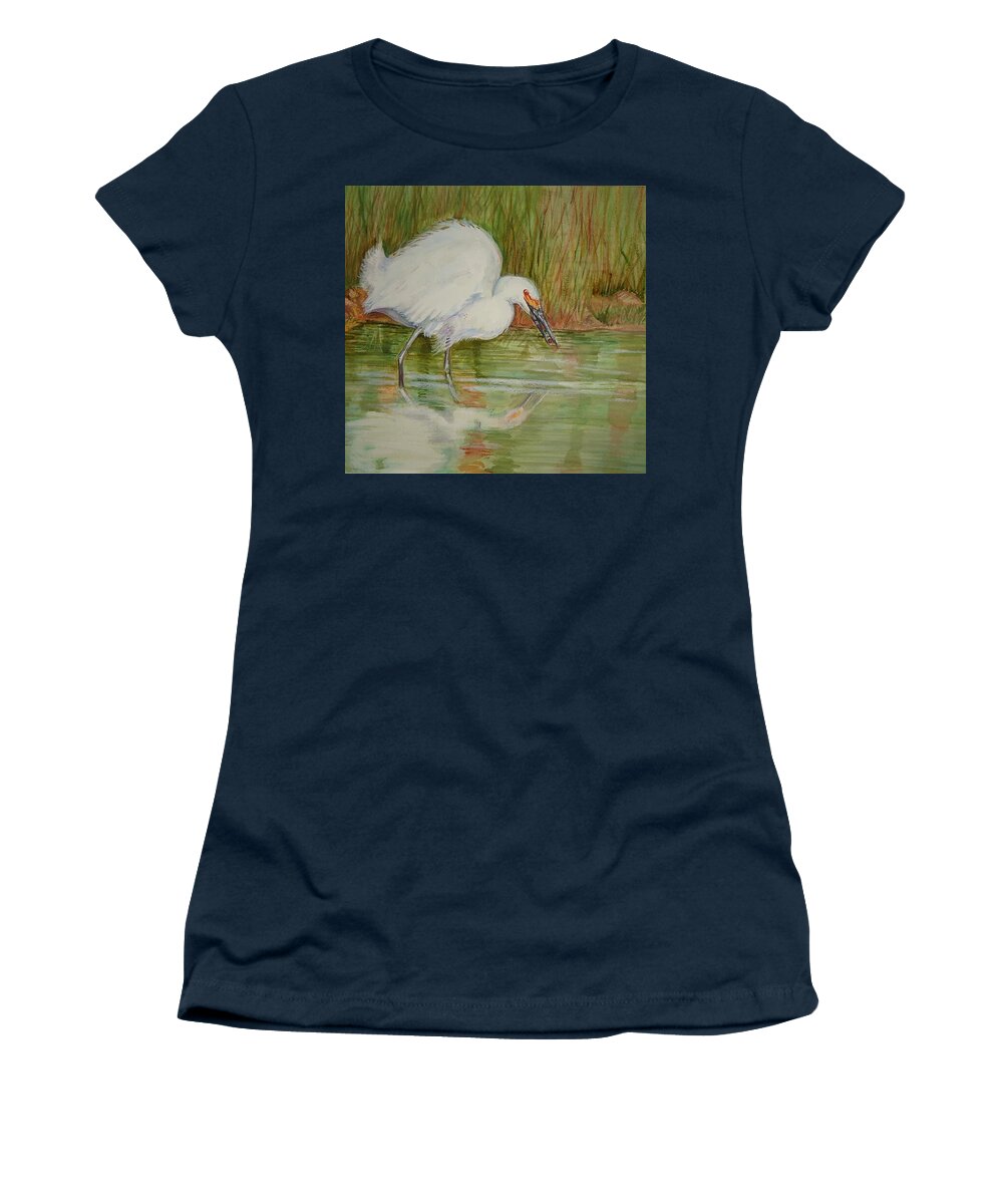 Egret Women's T-Shirt featuring the painting White Egret Wading by Charme Curtin